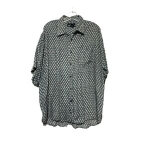 L'Homme Mens‎ Blue Geometric Diamond Print 100% Silk Short Sleeve Button Down L